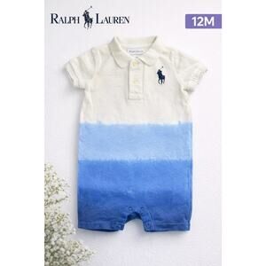 Ralph Lauren Baby Romper 12M Blue White Ombre Polo Short Sleeve Big Pony Logo